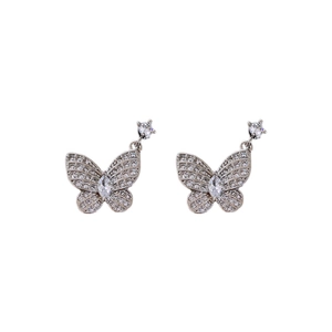 Exquisite silver butterfly stud earrings with sparkling zircon stones in a sleek design