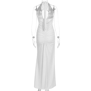 Detail view of the elegant white backless maxi dress featuring stylish ruched fabric
