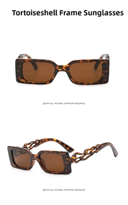 Detail of square tortoiseshell sunglasses with unique hollow flame-shaped temple design