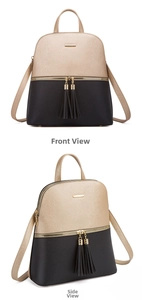 Front and side view of champagne gold contrast backpack with dual tassel zipper details