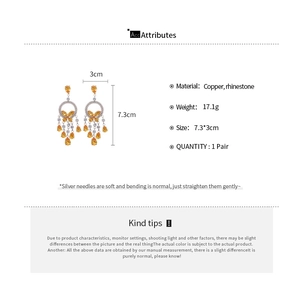 Detailed size and material chart for copper rhinestone drop fringe earrings with dimensions