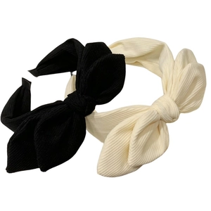 Cute corduroy bunny ear bow headbands in black and cream for women's hair accessories