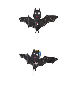 Detail showing two black cartoon bat lollipop cards with wings texture on white background