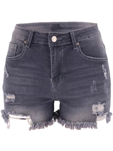 High-waisted distressed grey denim shorts with ripped details and frayed hems on white background