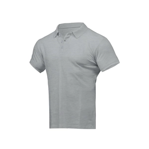 Close-up of light grey polo shirt with classic three-button lapel and premium cotton texture