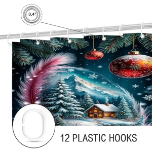 Christmas shower curtain detail showing 12 plastic C-hooks and 0.4 inch metal eyelets