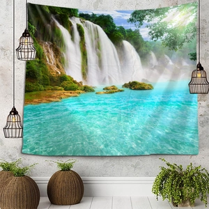 Close-up of the waterfall landscape tapestry on an industrial style wall decoration