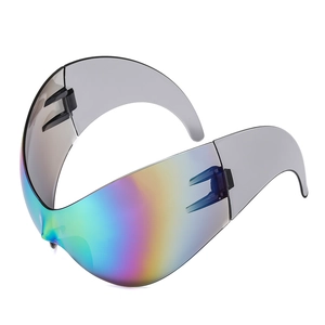 Futuristic Y2K oversized wrap sunglasses with rainbow iris lens and grey translucent frame