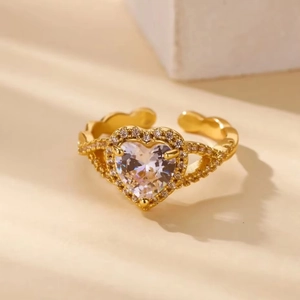 Luxury gold heart ring with clear zircon crystal stones and shimmering pavé band