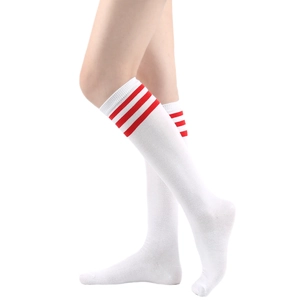 Detailed view of white knee-high socks with three classic red stripes in JK school style