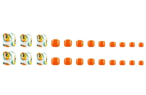 Set of 22 press-on toenails featuring vibrant orange finish and abstract floral patterns