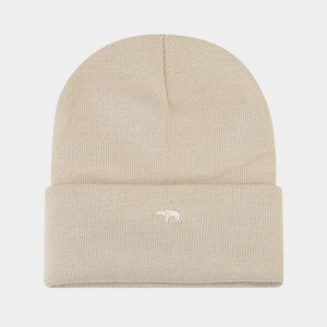 Close-up of a beige knitted beanie featuring high-quality white polar bear embroidery