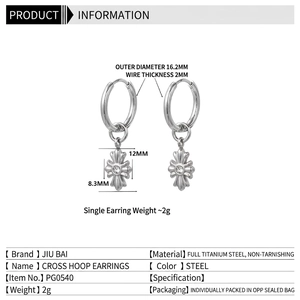 Titanium steel star cross hoop earrings for men and women in polished steel finish