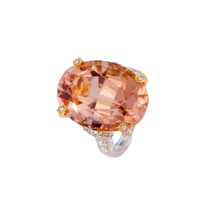 Elegant champagne morganite oval cut ring with diamond-pavé band in white gold