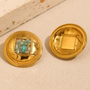 Boucles d'oreilles rondes rétro en acier inoxydable doré avec incrustation de pierres