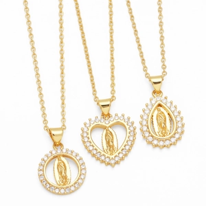 Vintage Gold Plated Copper Virgin Mary Pendant Necklace For Women Retro Hollow Heart Water Drop Rhinestone Religious Jewelry