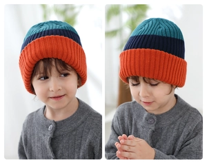Detailed textures of striped knit winter hat shown on a child from multiple angles