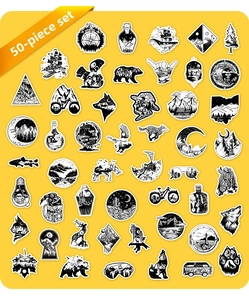 Detailed grid of 50 black and white gothic stickers featuring outdoor and nature themes