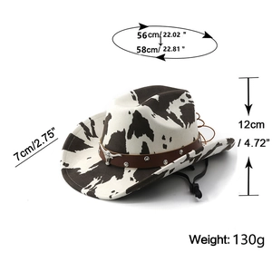 Spécifications de taille pour un chapeau de cow-boy imprimé vache avec bandeau en cuir brun