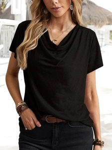 Top nero da donna con scollo a cappuccio, maniche corte, stile casual in tessuto operato