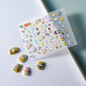 3D embossed nail art stickers with cute pastoral puppy and bird cartoon illustrations