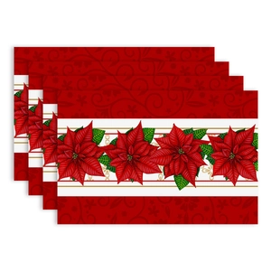Set of 4 festive Christmas placemats featuring red poinsettia and gold striped patterns