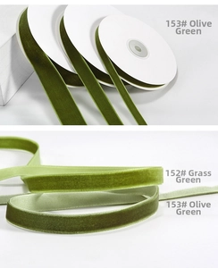 Detailed view of 9mm grass green and olive velvet ribbons on rolls for DIY crafts