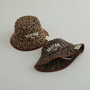 Kids leopard print bucket hats with white Boston 1630 embroidery in brown and tan