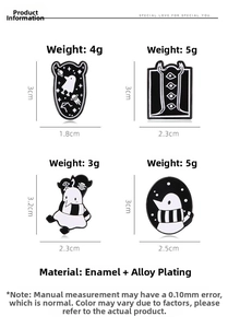 Detail view of four alien and penguin enamel pins showing exact dimensions and weight