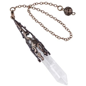 Hexagonal clear quartz crystal pendulum with antique bronze metal flower cap and fine chain