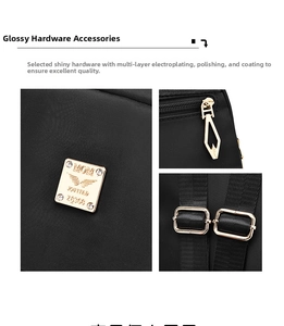 Close-up of golden metal logo plate and hardware on black waterproof nylon backpack