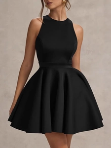 Elegant black halter neck sleeveless dress with high waist and puffy A-line silhouette