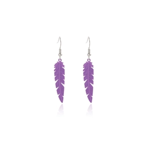 Detail view of purple feather tassel earrings with reflective finish on white background