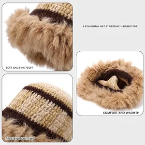 Chapeau bob rayé pour femme en tricot chaud avec bordure en fourrure de lapin douce