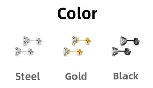 Three pairs of cubic zirconia stud earrings in steel, gold, and black metal finishes
