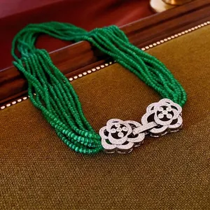 Vintage multi-layer emerald green beaded necklace with sparkling zircon camellia flower clasp