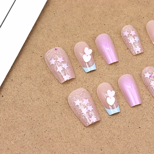 Pink and purple glitter star and 3D heart handmade press-on nails set in coffin shape