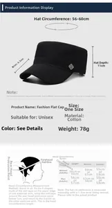 Size chart showing adjustable flat top cap measurements and head circumference guide