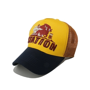 Detail view of the buffalo embroidery and mesh texture on the American vintage trucker hat