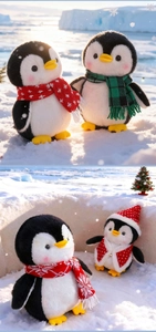 Plush penguin toys with Christmas scarves and hats in a snowy polar scene detail