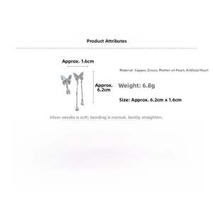 Detailed specs of asymmetrical butterfly earrings with zircon and mother of pearl