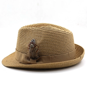 Classic khaki straw fedora hat with brown ribbon and feather accent for sun protection