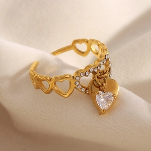 18K gold-plated stainless steel open heart ring with sparkling heart crystal pendant