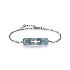 S925 sterling silver black chain bracelet with blue beads and star cutout design