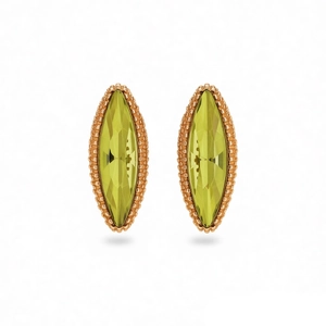 Elegant marquise-cut yellow-green crystal stud earrings with rose gold textured border