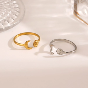 Minimalist stainless steel sun and moon open rings set with detailed face engravings