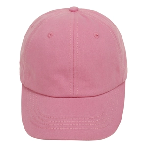 Detail view of pink cotton baseball cap featuring classic six-panel design and curved brim