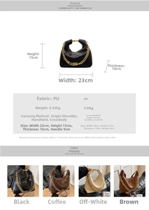 Detailed size chart and multi-color options for quilted chain shoulder bucket bag