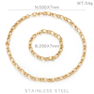 Detail view of 7mm golden striped stainless steel necklace and bracelet set specifications