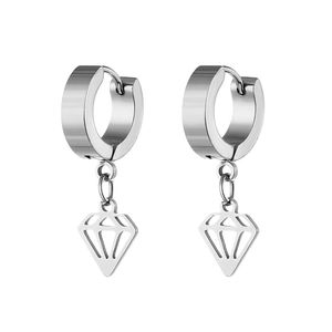 Creative silver titanium steel hoop earrings with geometric hollow diamond drop pendants